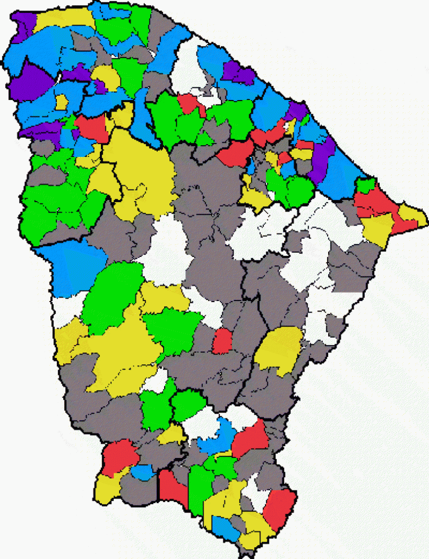 Mapa mostra os municípios que registraram chuvas entre as 7 horas desse domingo e o mesmo horário desta segunda-feira