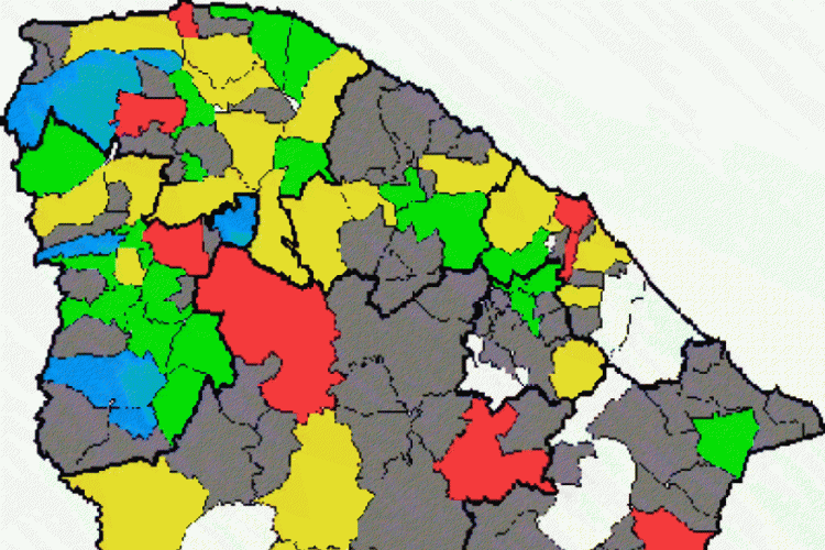 O maior registro foi em Iracema, na região do Jaguaribe, com 64mm, que aparece no mapa preenchida com a cor roxa.
