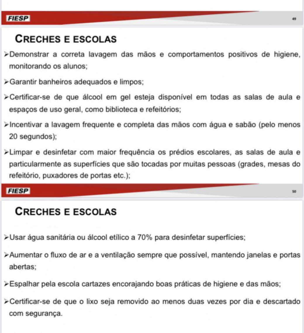 O protocolo sugerido pela Fiesp para creches e escolas