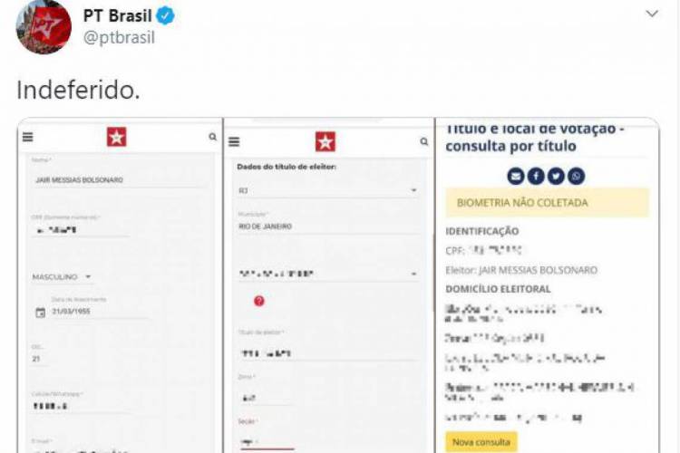 O perfil do PT no Twitter se manifestou sobre a tentativa de filiação de Bolsonaro 