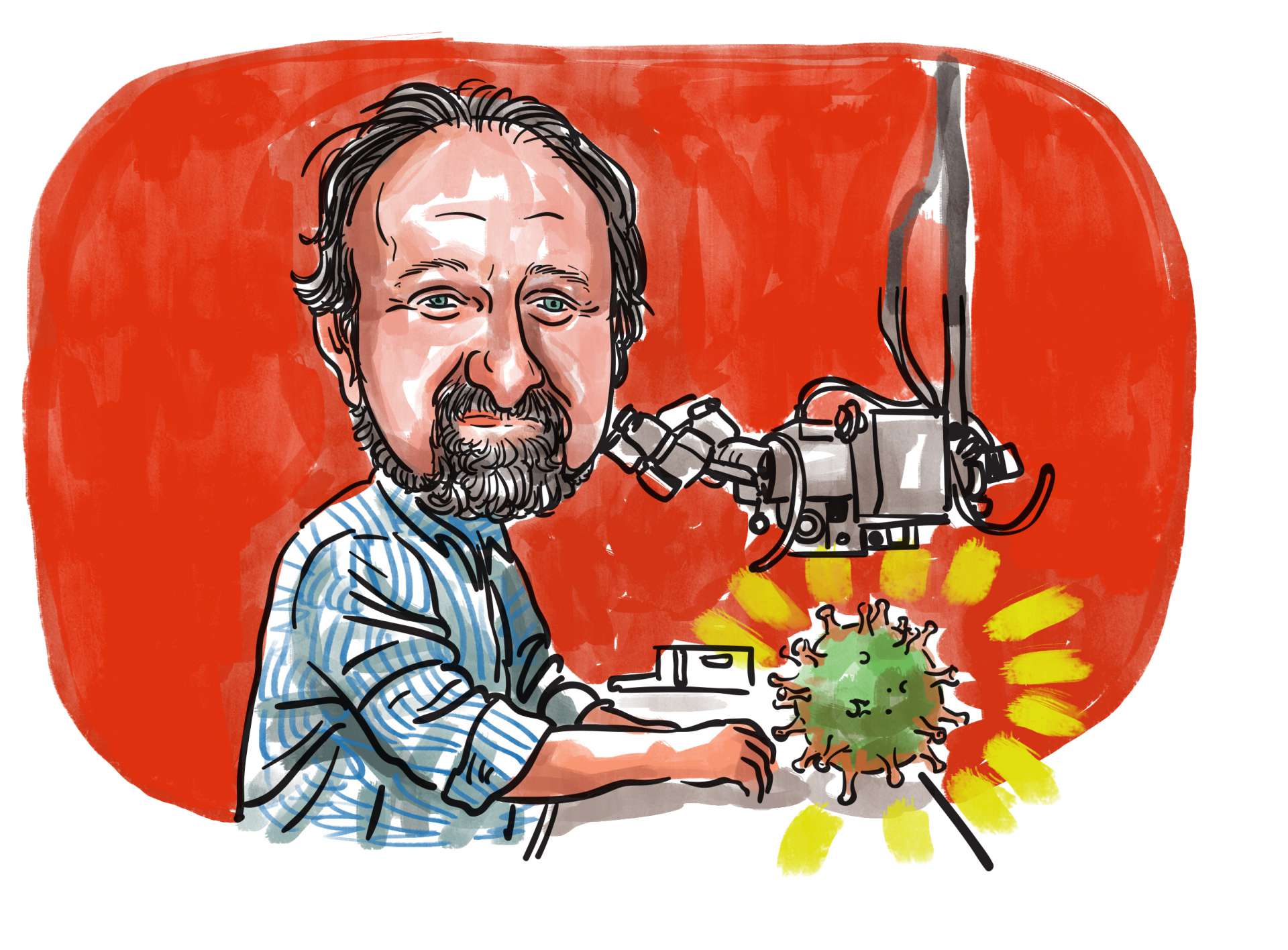 Ilustração de MIguel Nicolélis ao lado de uma célula do novo coronavírus (Foto: Carlus Campos)