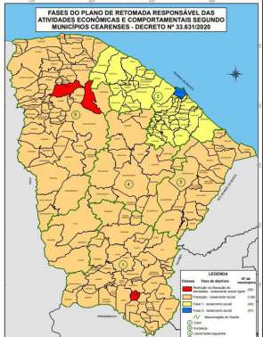 Na representação cartográfica, é possível observar o Estado dividido em cinco Macrorregiões de Saúde (Cariri, Fortaleza, Litoral leste/Jaguaribe, Sertão Central, Sobral)