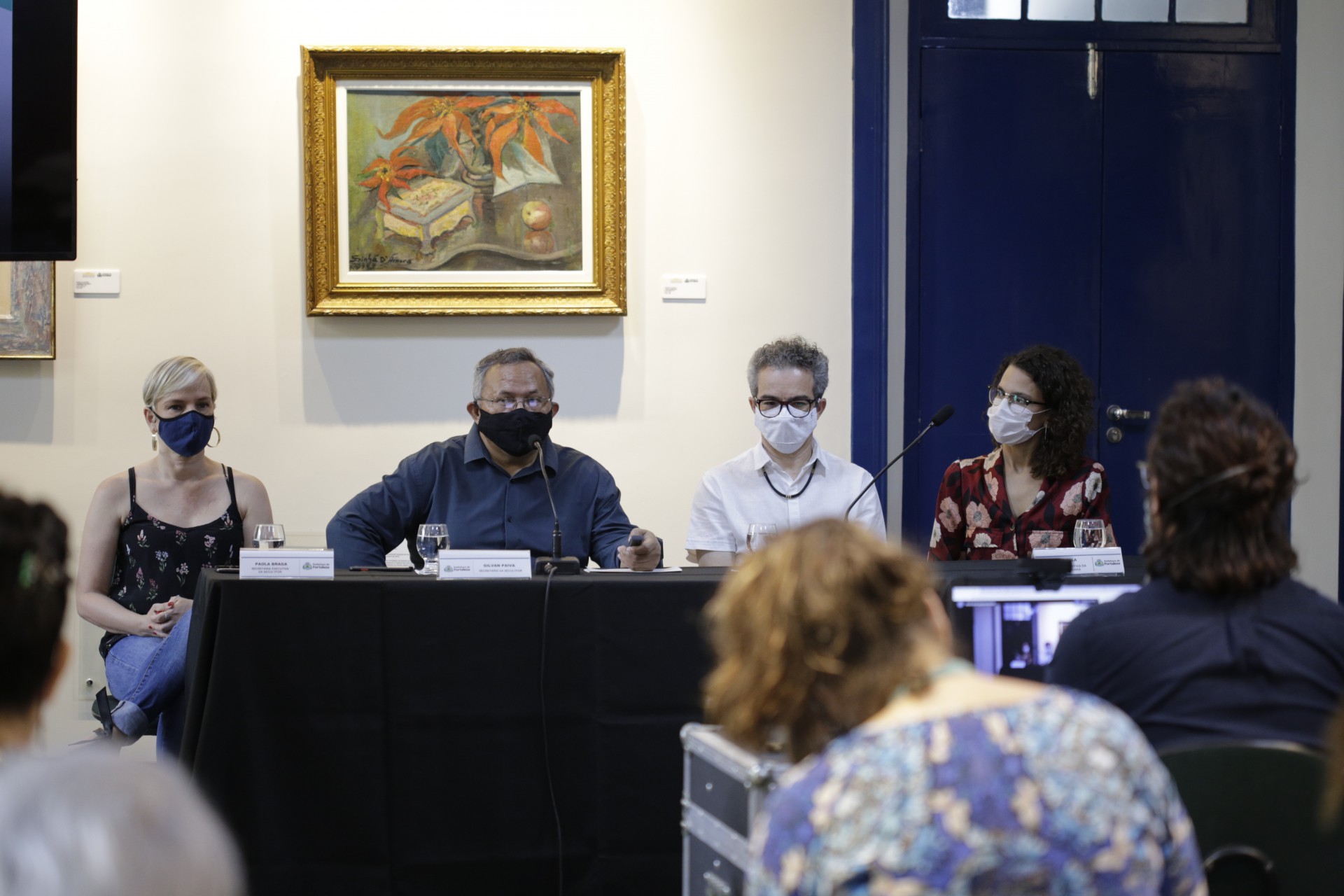 Gilvan Paiva, titular da Secultfor, e Fabiano Piúba, da Secult, falaram sobre a Lei Aldir Blanc em coletiva
 (Foto: Thiago Matine/Secultfor / Divulgação)