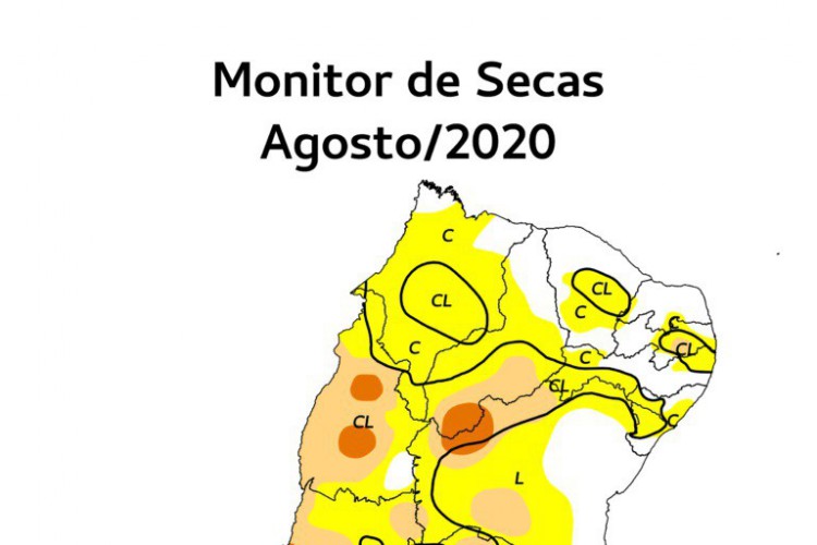 O mapa indica áreas de seca nas regiões monitoradas pela Agência Nacional das Águas, entre julho e agosto de 2020