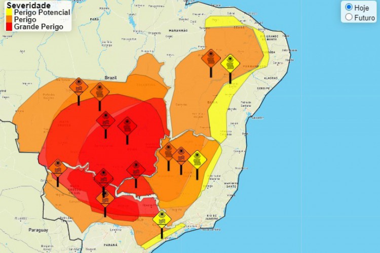 Ceará está em alerta de perigo para baixa umidade relativa do ar. A região mais central do País, indicada pela cor vermelha no mapa, está em aviso de emergência para ondas de calor