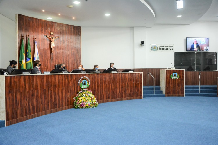 Fortaleza em 01 de fevereiro de 2021, Solenidade de abertura dos trabalhos do legislativo municipal, no plénario da camara municipal. Em destaque o prefeito Jose Sarto, discursa remotamente. (Foto: Érika Fonseca/Camara Municipal de Fortaleza)