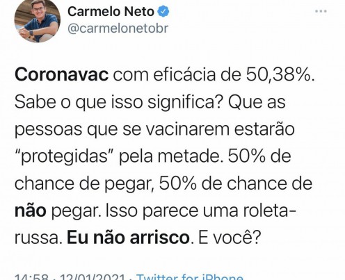 Vereador Carmelo Neto (Republicanos) sobre vacina CoronaVac