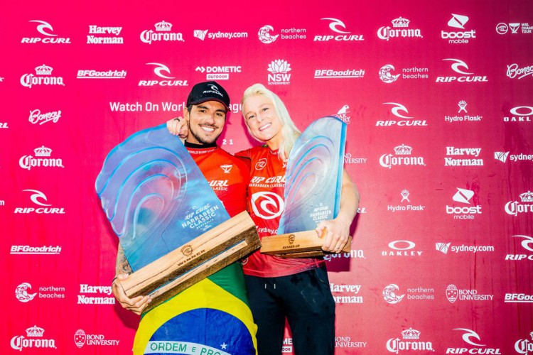 NARRABEEN, AUS - APRIL 20: Gabriel Medina (BRA) and Tatiana Weston-Webb (BRA) finalists of the Rip Curl Narrabeen Classic presented by Corona on April 20, 2021 in Narrabeen, Australia. (Photo by Matt Dunbar/World Surf League via Getty Images)