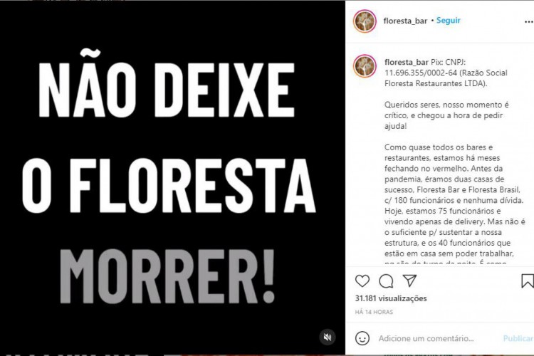 O restaurante Floresta Bar faz campanha para pagar dívidas  da pandemia 