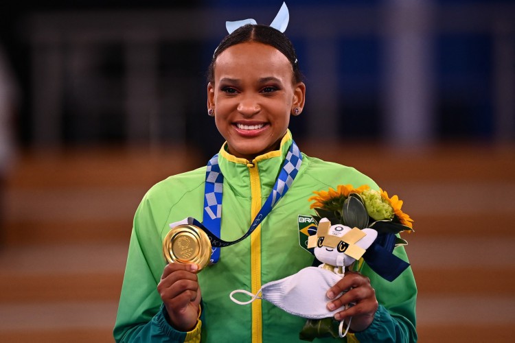 A brasileira Rebeca Andrade participou da final do solo na segunda-feira, 2.