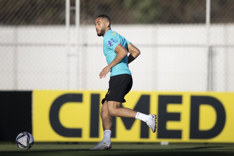 Atacante Matheus Cunha em treino da seleção brasileira no CT do Corinthians, em São Paulo