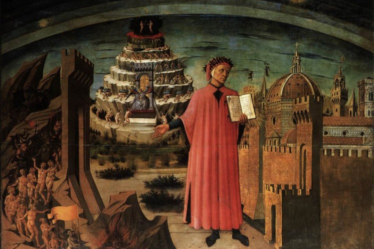 Pintura 'La Commedia Illumina Firenze', de Domenico di Michelino, que retrata Dante Alighieri e A Divina Comédia