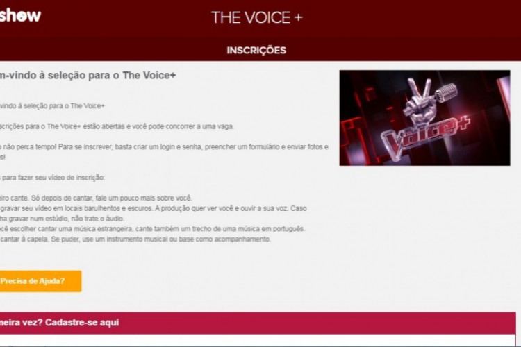 A inscrição para o The Voice Mais e The Voice Kids está aberta no site do Gshow; confira o passo a passo de como se inscrever