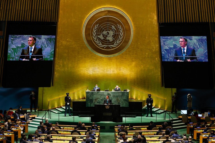 (Nova Iorque - EUA, 21/09/2021) Discurso do Presidente da República Jair Bolsonaro no 76ª Sessão da Assembleia Geral da ONU.
Foto: Alan Santos/PR