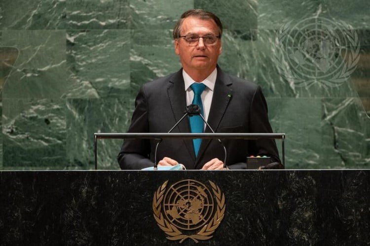 O presidente Jair Bolsonaro em um discurso na abertura da Assembleia Geral da ONU