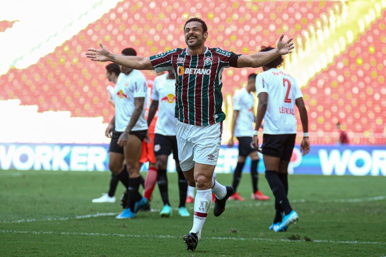 Atacante Fred comemora gol no jogo Fluminense x RB Bragantino, no Maracanã, pelo Campeonato Brasileiro Série A