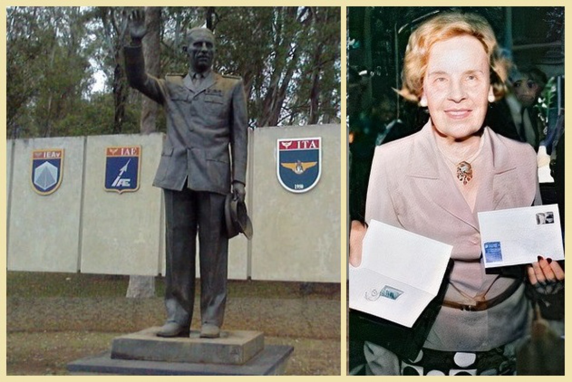 Estátua do Marechal-do-Ar Casimiro Montenegro Filho e a viúva Maria Antonietta Spinola Montenegro (Foto: REPRODUÇÃO)