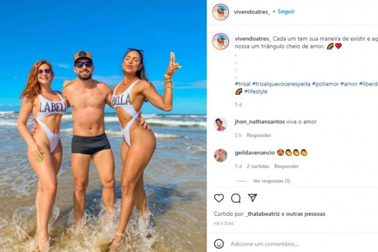 Graziela, Diogo e Natalia assumiram o relacionamento em 2021. O dia a dia do trisal é compartilhado em perfil de rede social onde eles já acumulam milhares de seguidores