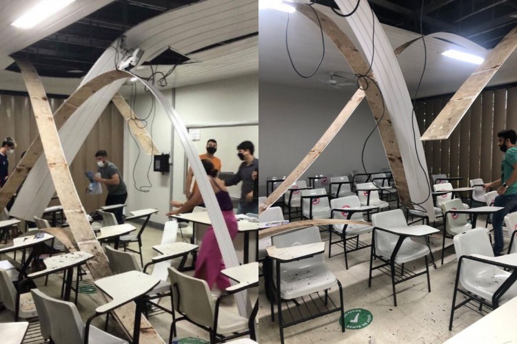 Parte do teto de sala de aula da Unifor despenca por conta da chuva e atinge alunos