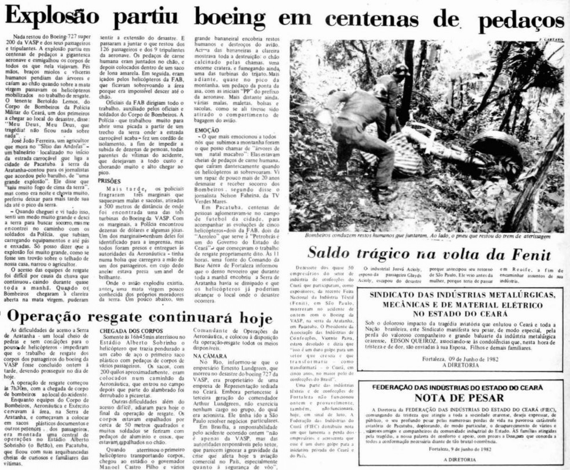 Matéria no O POVO do acidente do voo da Vasp 168, na Serra de Aratanha, em Pacatuba. 40 anos depois, uma série de reportagem e um documentário relembram a tragédia que abalou o Ceará (Foto: Arquivo Datadoc/O POVO)