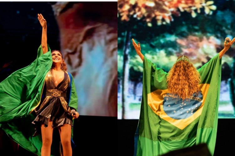 Daniela Mercury usa bandeira do Brasil e canta hino nacional em show