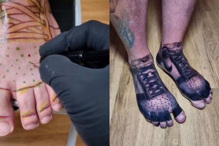 Homem tatua tênis da Nike nos pés: 