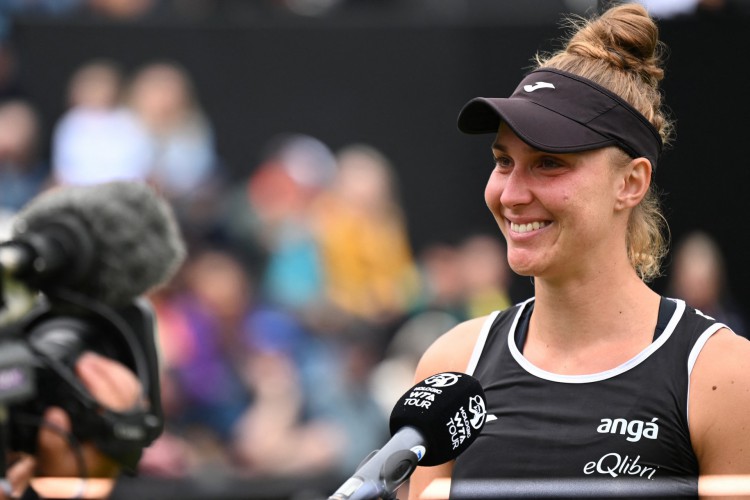 Brazil's Beatriz Haddad (Bia Haddad) Maia gives a post-match intervew after her win in her women's singles final tennis match against China's Zhang Shuai on Day 9 of the Rothesay WTA Birmingham Classic tennis tournament at Edgbaston Priory Club in Birmingham, central England, on June 19, 2022. (Photo by Paul ELLIS / AFP)