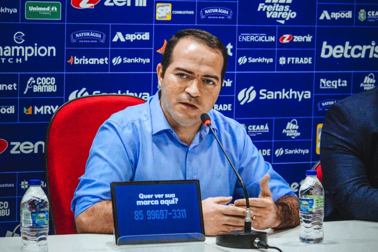 Presidente do Fortaleza, Marcelo Paz, em entrevista coletiva no Centro de Excelência Alcides Santos, no Pici