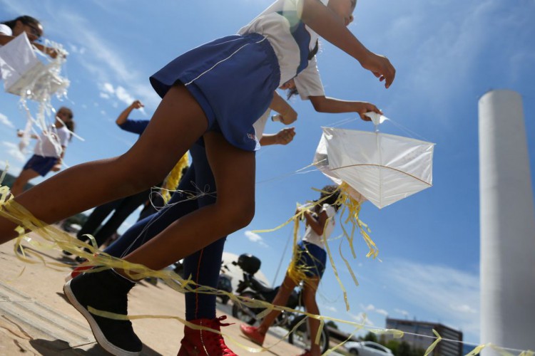 Brasília - Alunos do SESC  soltam pipas com trechos de livros e poesias, no espaço entre a Biblioteca Nacional e o Museu Nacional de Brasília. (Marcelo Camargo/Agência Brasil)