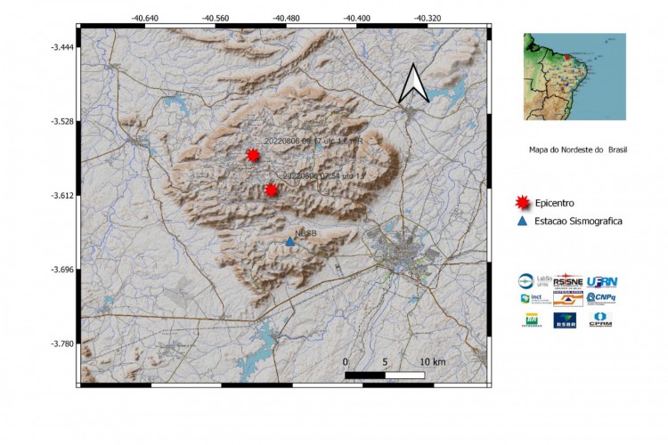 Marcações no mapa onde aconteceram os dois tremores, em Alcântaras (CE), na manhã deste sábado, 6/8