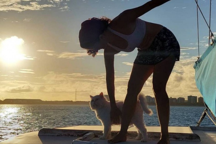 Casal vive a bordo de veleiro-catamarã com a companhia de 5 gatos