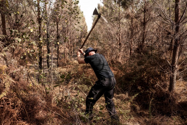 Um bombeiro alemão usa uma picareta para apagar pontos quentes remanescentes deixados por um incêndio florestal perto de Belin-Beliet, sudoeste da França, em 13 de agosto de 2022