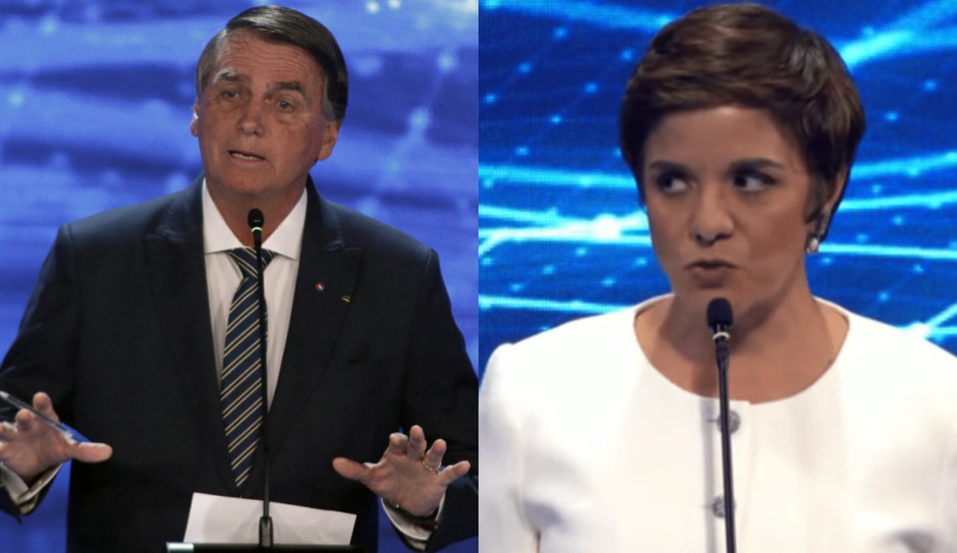 Bolsonaro ataca Vera Magalhães durante debate na Band. (Foto: Miguel SCHINCARIOL / AFP e Reprodução/TV Band)