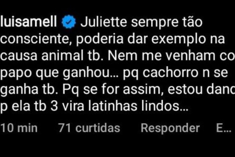 Comentário de Luísa Mell na postagem de Juliette