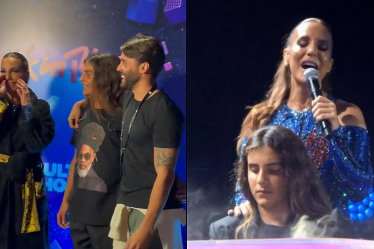 No Rock In Rio, Ivete Sangalo entrou no palco Mundo com o som das vozes das filhas e depois recebeu o filho para acompanhá-la no piano e na percussão