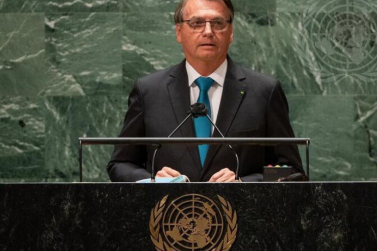 O presidente Jair Bolsonaro em um discurso na abertura da Assembleia Geral da ONU em 2021. 