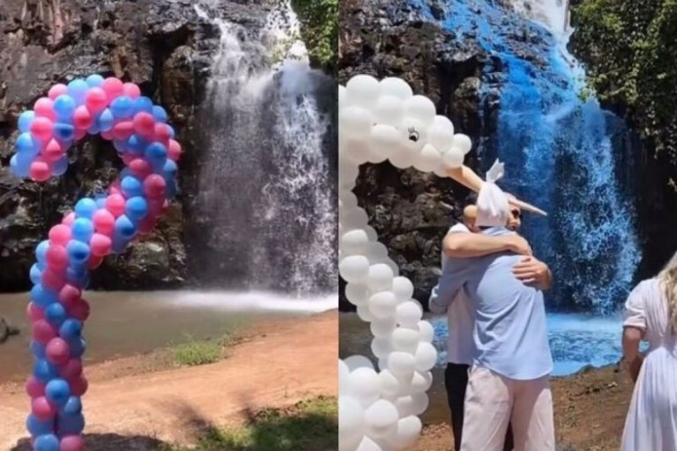 Casal teve chá de revelação com corante sendo lançado na cachoeira em fazenda no Mato Grosso