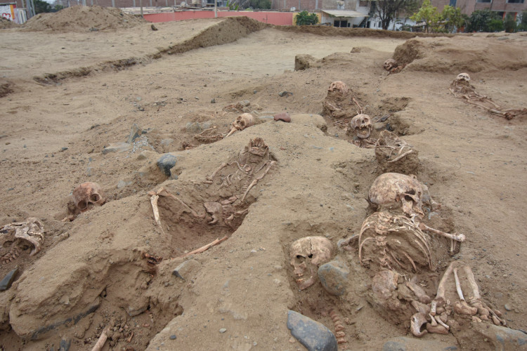 Uma foto sem data distribuída em 27 de setembro de 2022 pelo Programa Arqueológico de Huanchaco mostra restos humanos antigos em um santuário pré-hispânico na comunidade costeira de Huanchaco, no norte do Peru