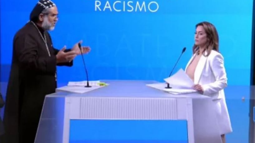 Soraya Thronicke e Padre Kelmon durante debate da Globo