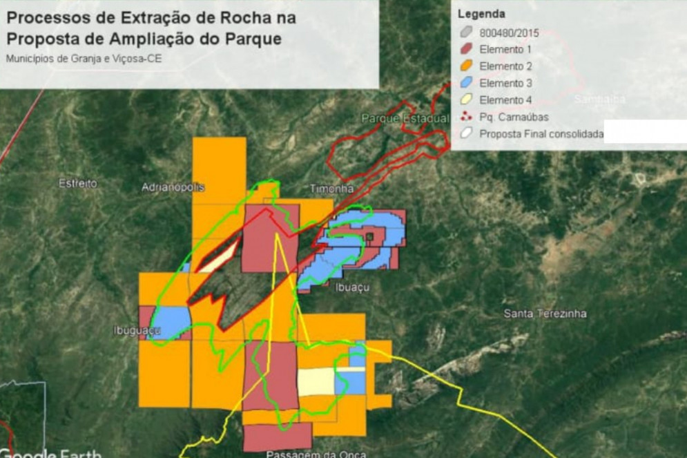 A linha verde é a área de expansão proposta. Os quadrados preenchidos com cores (amarelo, azul, rosa e branco) são os processos de extração de rocha atuais na região.(Foto: Enviado por João Rafael.)