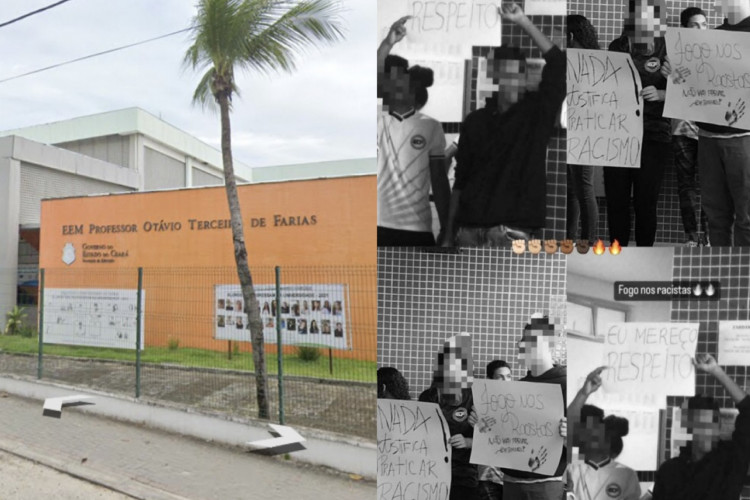 Alunos da Escola Estadual Professor Otávio Terceiro de Farias, no bairro Professor José Walter, em Fortaleza, manifestaram para denunciar casos de racismo na escola