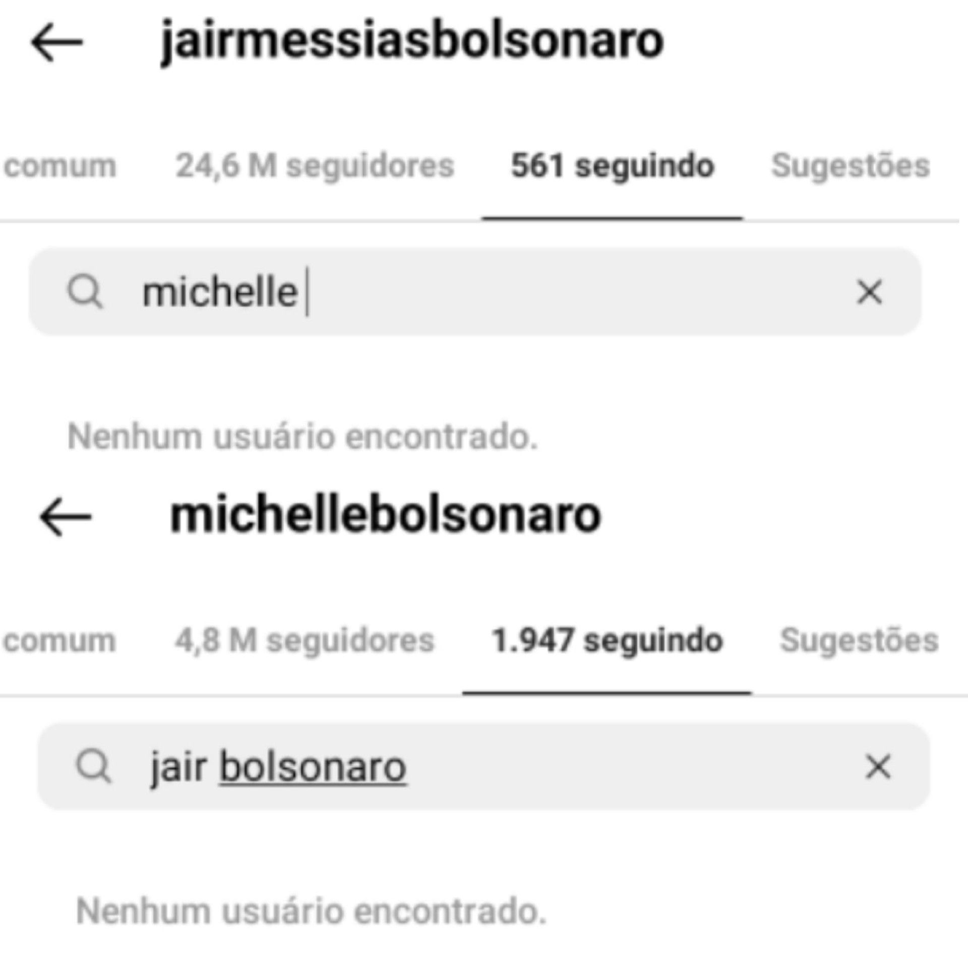 Primeira-dama Michelle Bolsonaro e Jair Bolsonaro não seguem nas redes sociais.