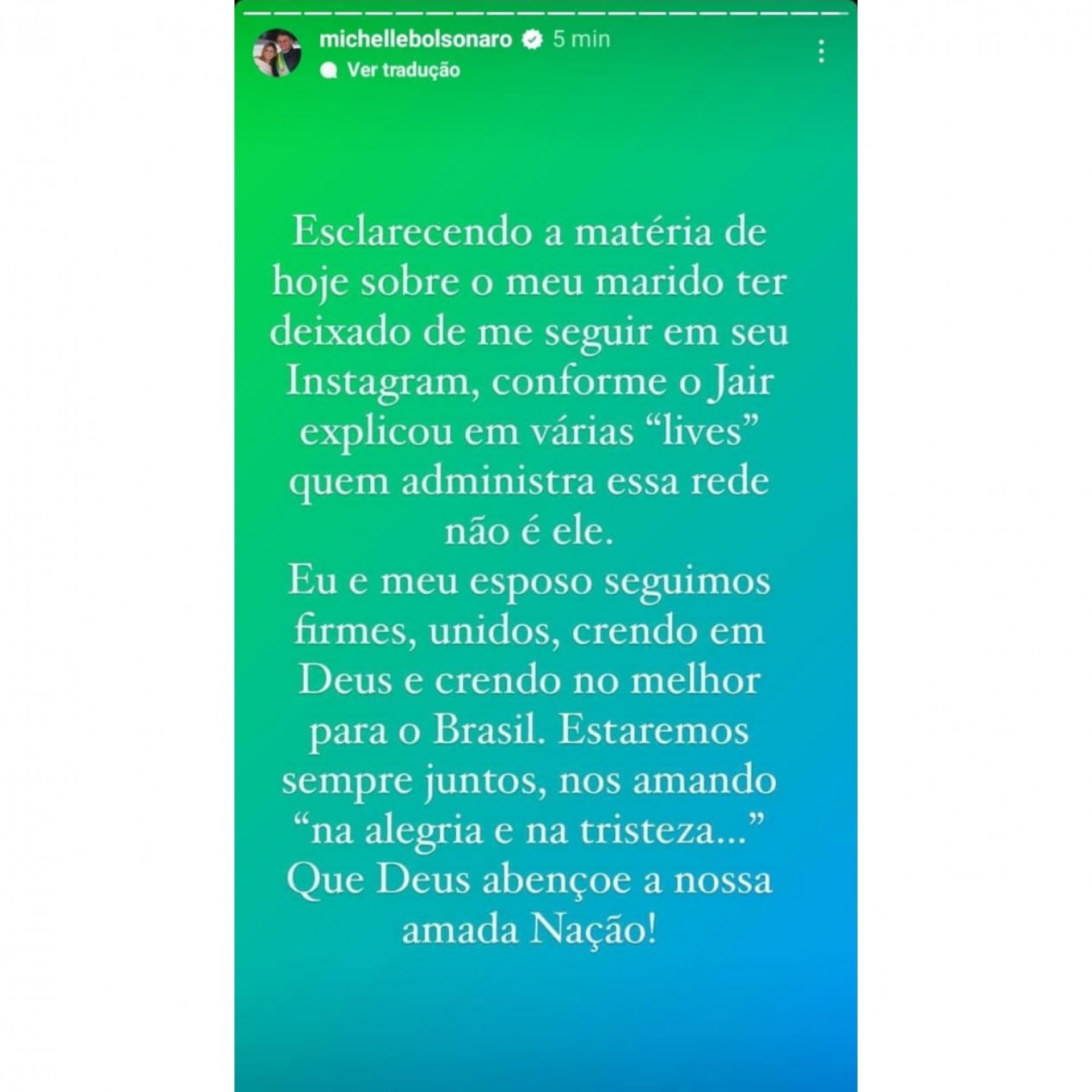 Primeira-dama Michelle Bolsonaro postou mensagem nas redes sociais. 