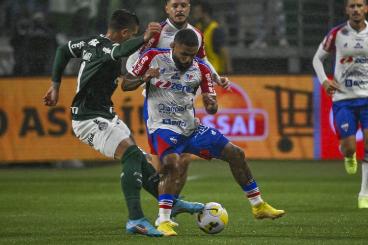 Palmeiras' Brazilian midfielder Ze Rafael (L) and Brazil's Fortaleza Romarinho vie for the ball during their 2022 Brazilian Championship football match, at Allianz Parque stadium, in Sao Paulo, Brazil, on November 2, 2022. (Photo by NELSON ALMEIDA / AFP)