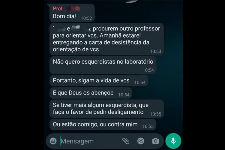 Professora universitária bolsonarista suspende orientação de discentes por serem de esquerda.