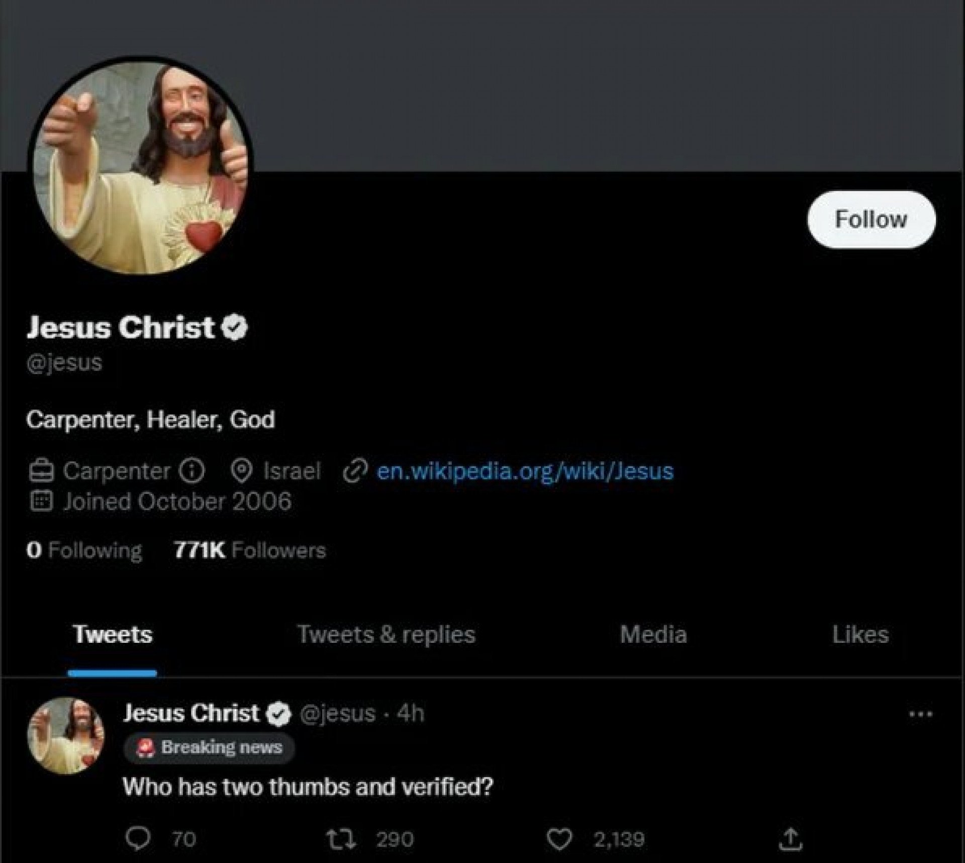 A conta "oficial" de Jesus Cristo, no Twitter, verificada por meio do pagamento de cerca de  dólares à plataforma