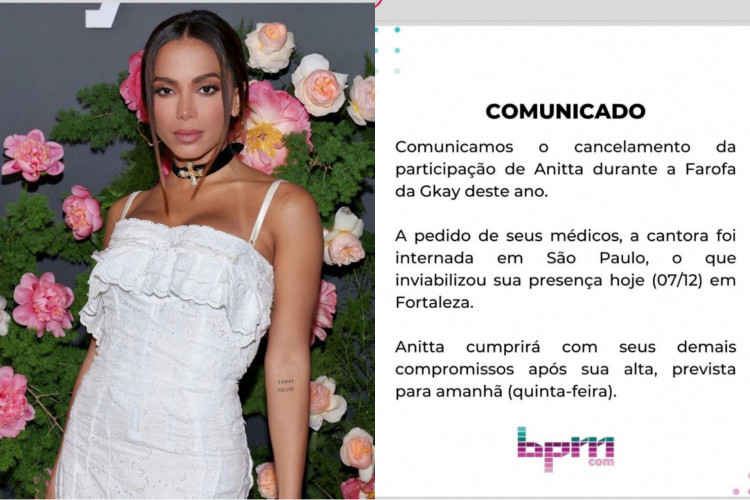 Anitta é  internada em hospital novamente e cancela participação em Farofa da Gkay