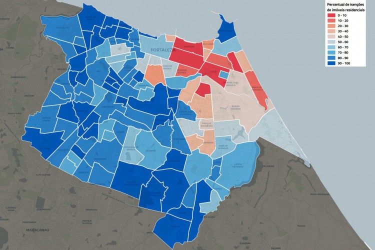 Mapa de isenções da Taxa do Lixo por bairro de Fortaleza, após aprovação de emenda negociada entre Prefeitura e vereadores na Câmara