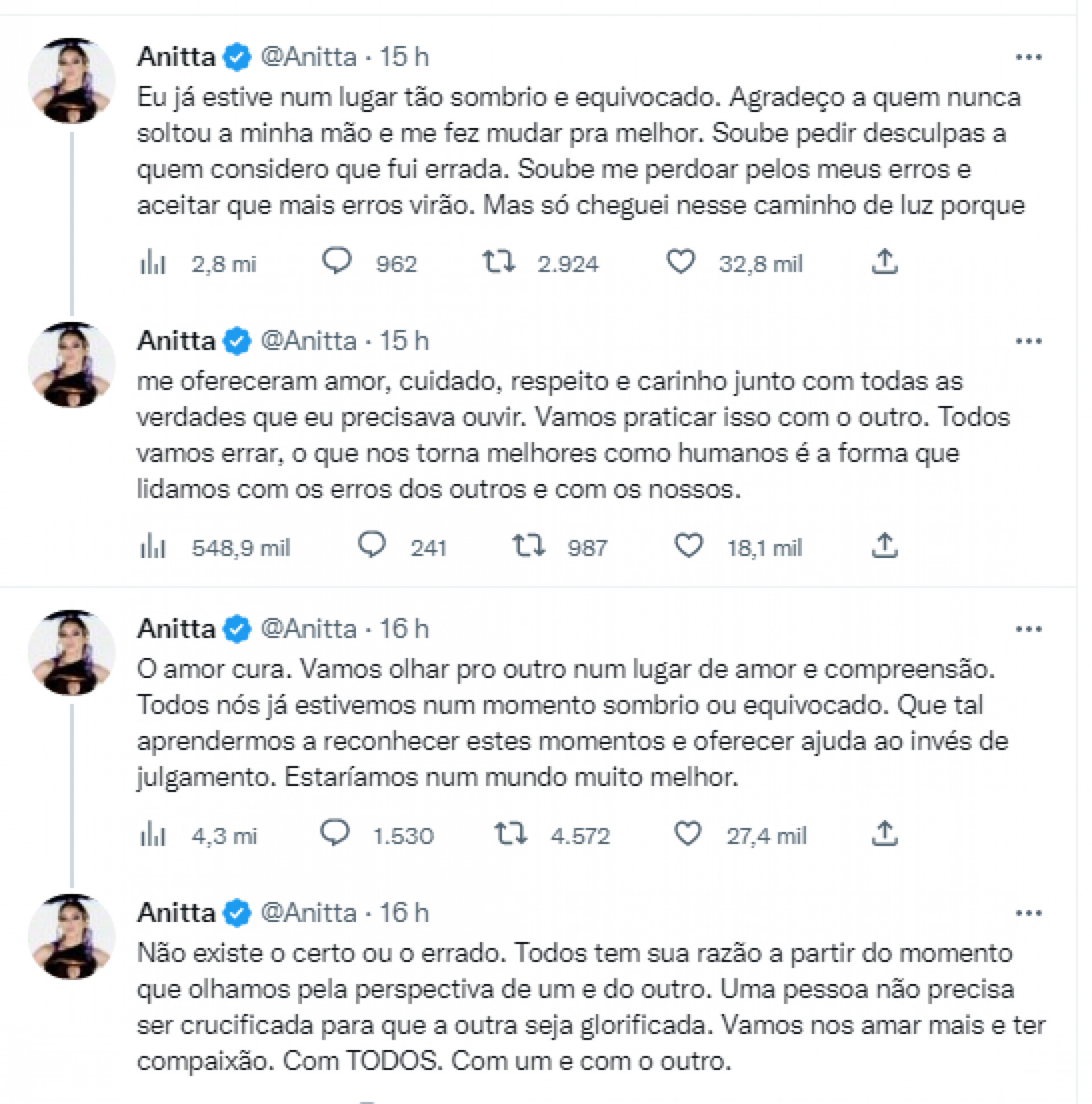 Anitta escreve texto pacificador sobre Gkay e Fábio Porchat