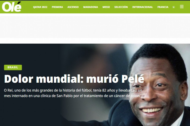 Capa do site do portal Olé, da Argentina, sobre a morte de Pelé 